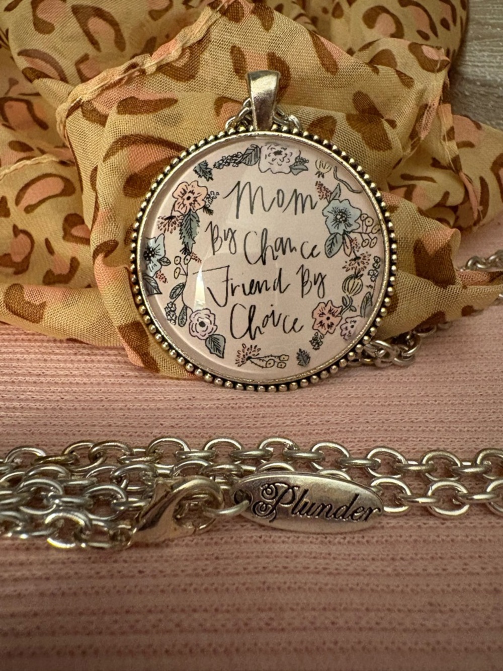 Plunder Silver Beaded Round Pendant Necklace “Mom by Chance”